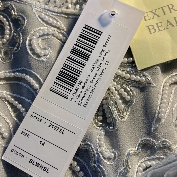 **J Kara** Women's Sleeveless Scallop Long Beaded Dress W/Scarf 14 NWT - Picture 6 of 8